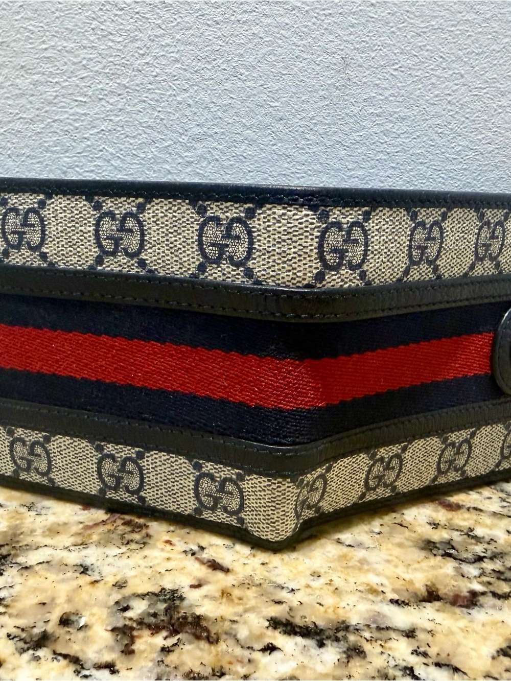 Gucci Beige GG Canvas Wallet with Navy & Red Stripe and Silver GG - Picture 4 of 6